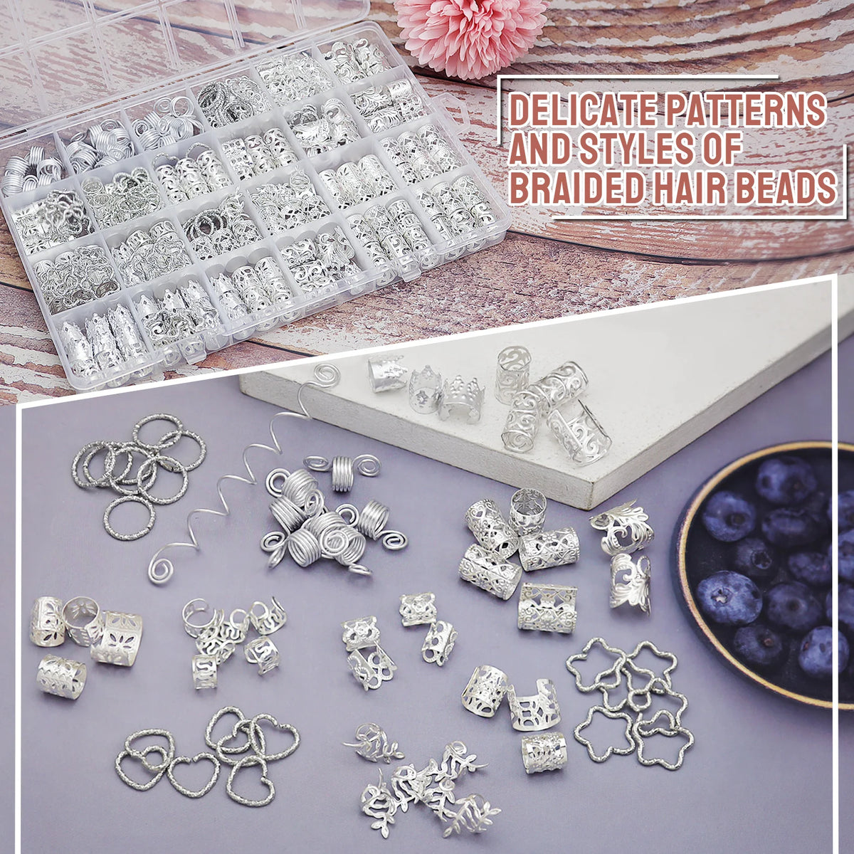 260-piece hair beads and cuffs for braids and dreadlocks, assorted styles for hair decoration