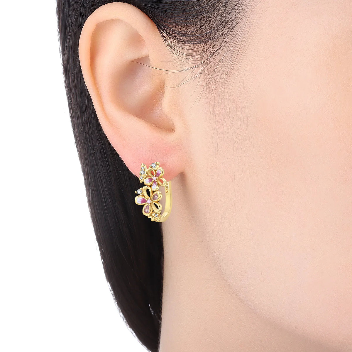 925 sterling silver 18K gold plated cherry blossom butterfly hoop earrings for women