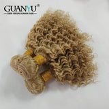 Honey blonde deep wave human hair bundles with lace closure, 100% Remy human hair, styled with soft, natural waves.