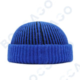 Women's thick striped knitting docker cap beanie with letter label, soft warm vintage retro winter hat