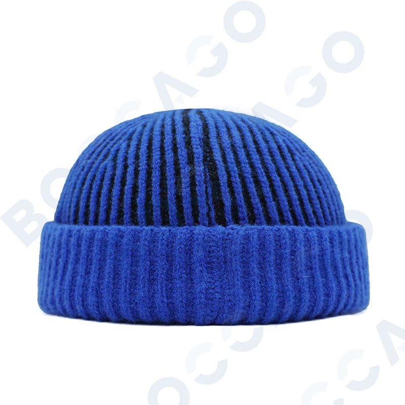 Women's thick striped knitting docker cap beanie with letter label, soft warm vintage retro winter hat