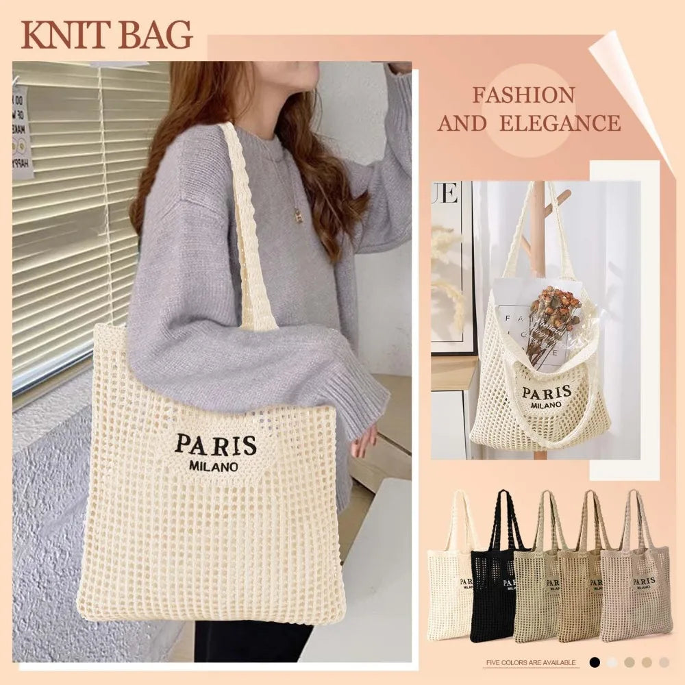 HSF Marketplace crochet tote bag for women, stylish summer beach handbag with open-knit texture