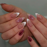 24-piece pink flower almond press-on false nails with kawaii design and stick-on finish by HSF Marketplace