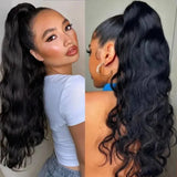 Natural black body wave human hair drawstring ponytail extensions, wrap-around clip-in, 16–26 inches