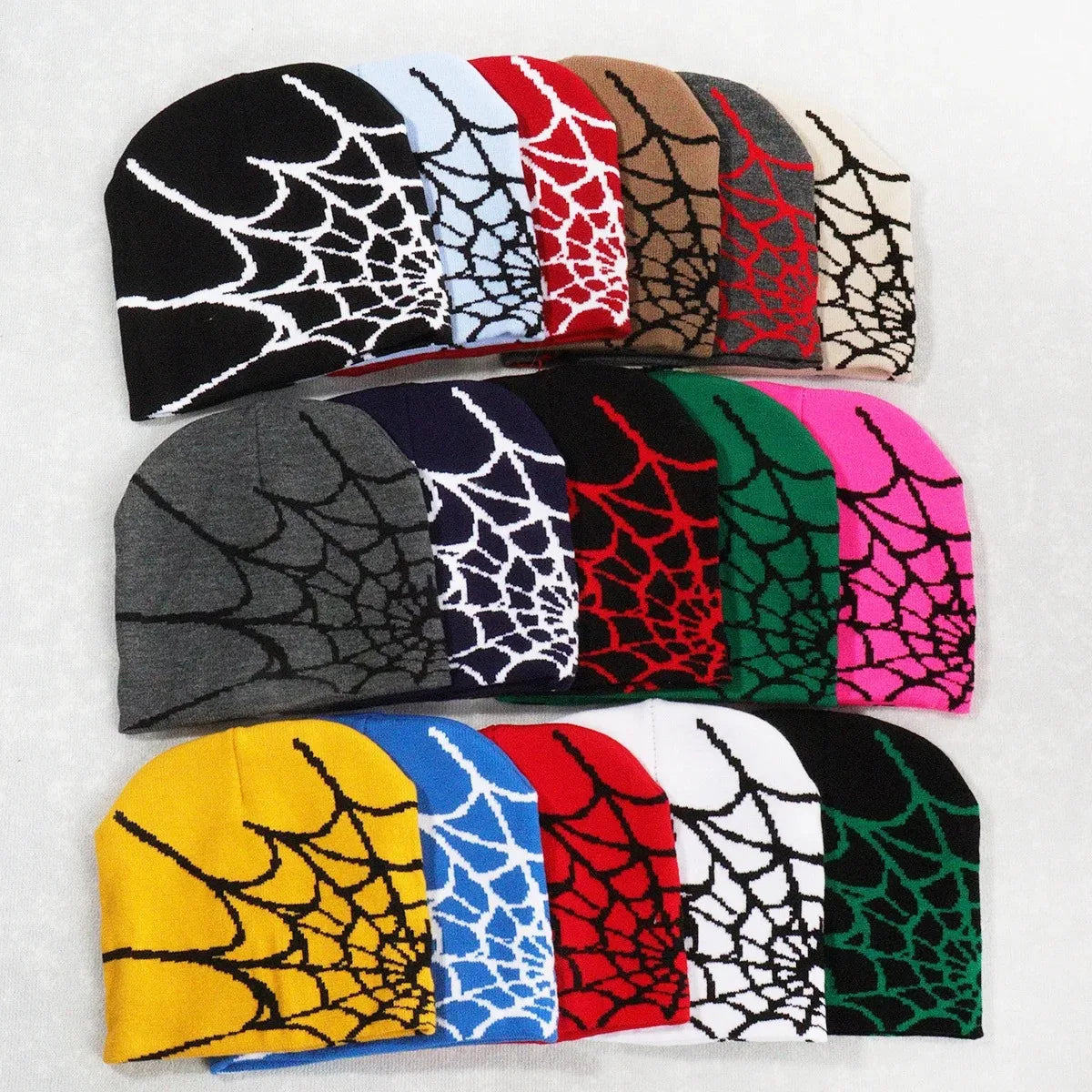 Autumn unisex spiderweb beanie hat, knitted skull cap with Y2K punk pattern for women and men