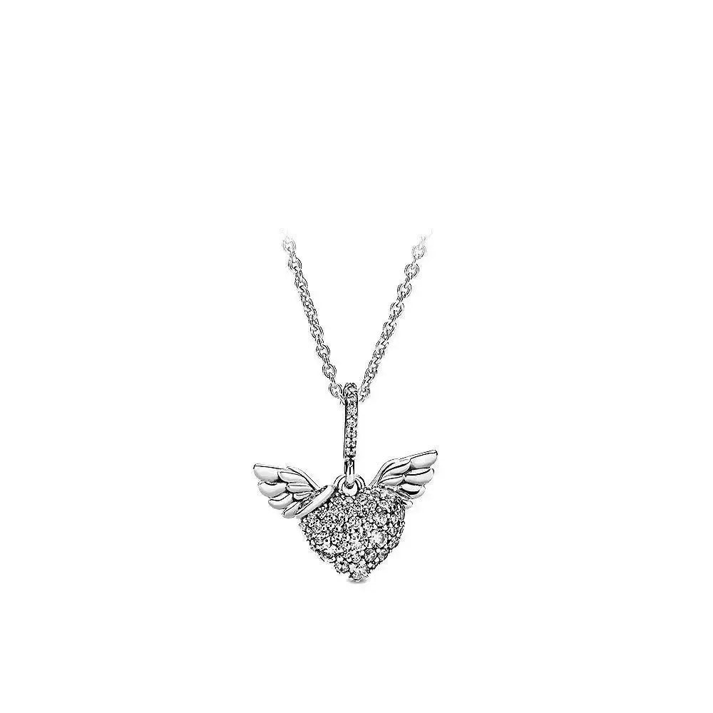 Silver heart pendant necklace with zircon accents, featuring a circular design, ideal for women's DIY jewelry and gift ideas.