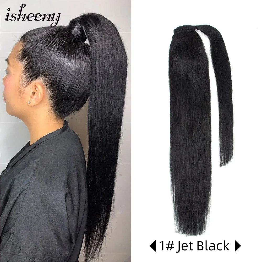 Isheeny straight human hair ponytail extension, Brazilian Remy wrap clip-in, natural-looking 14–24 inch lengths