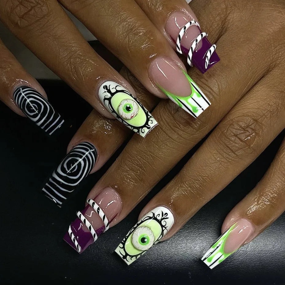 24pcs glitter pink sequins false nails with Halloween skull and love print, wearable European ballet press-on style