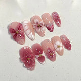 24-piece pink flower almond press-on false nails with kawaii design and wearable stick-on fit