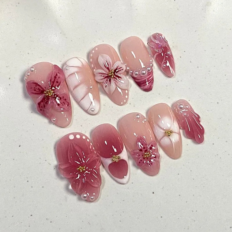 24-piece pink flower almond press-on false nails with kawaii design and wearable stick-on fit
