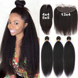 4x4 5x5 13x4 Closure With Bundles Brazilian Kinky Straight Human Hair With Frontal Invisible Melt Skin HD Lace 3 4 Bundle Weave