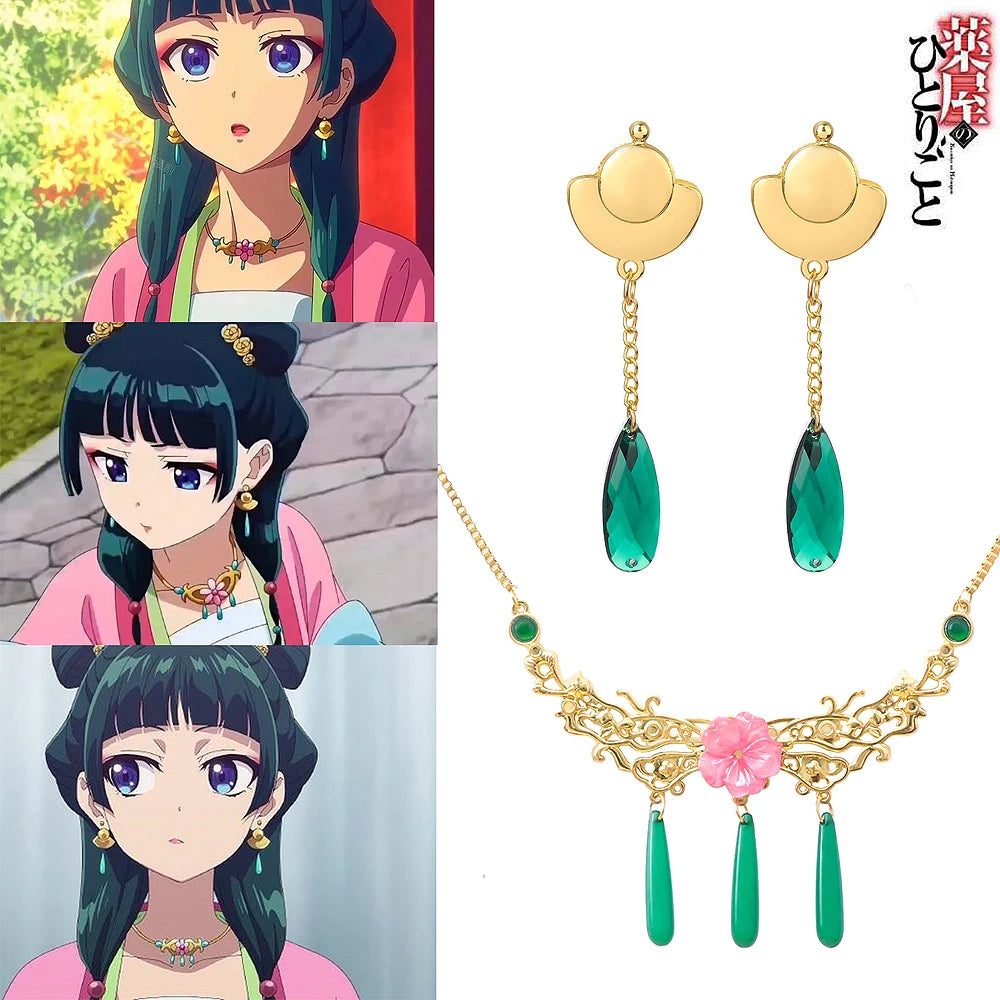 Anime The Apothecary Diaries Maomao jewelry set with necklace and earrings, cosplay accessories for women and girls.