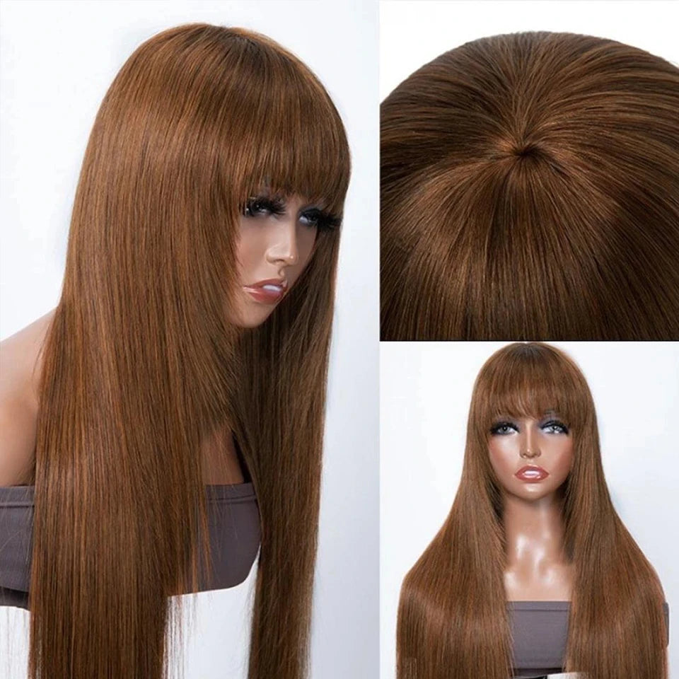 Reddish brown human hair wig with straight style and bangs, layered cut, natural look, for easy and affordable hair transformation.