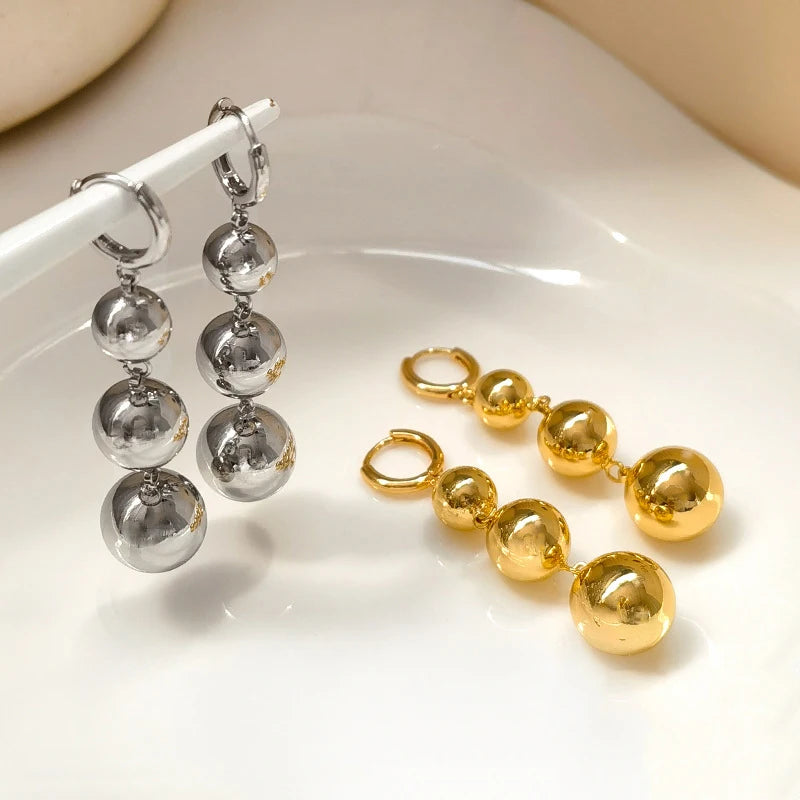 Gold color round bead tassel pendant earrings with glossy smooth ball design for women punk metal jewelry