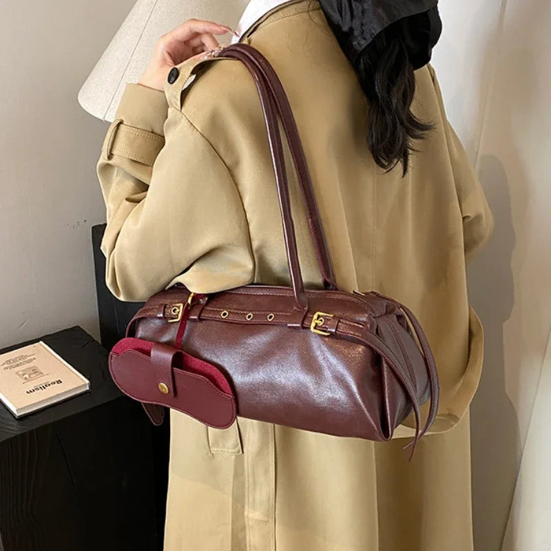 Fashion PU shoulder handbag with buckle decoration, large capacity, all-match design, ideal for women’s daily use.