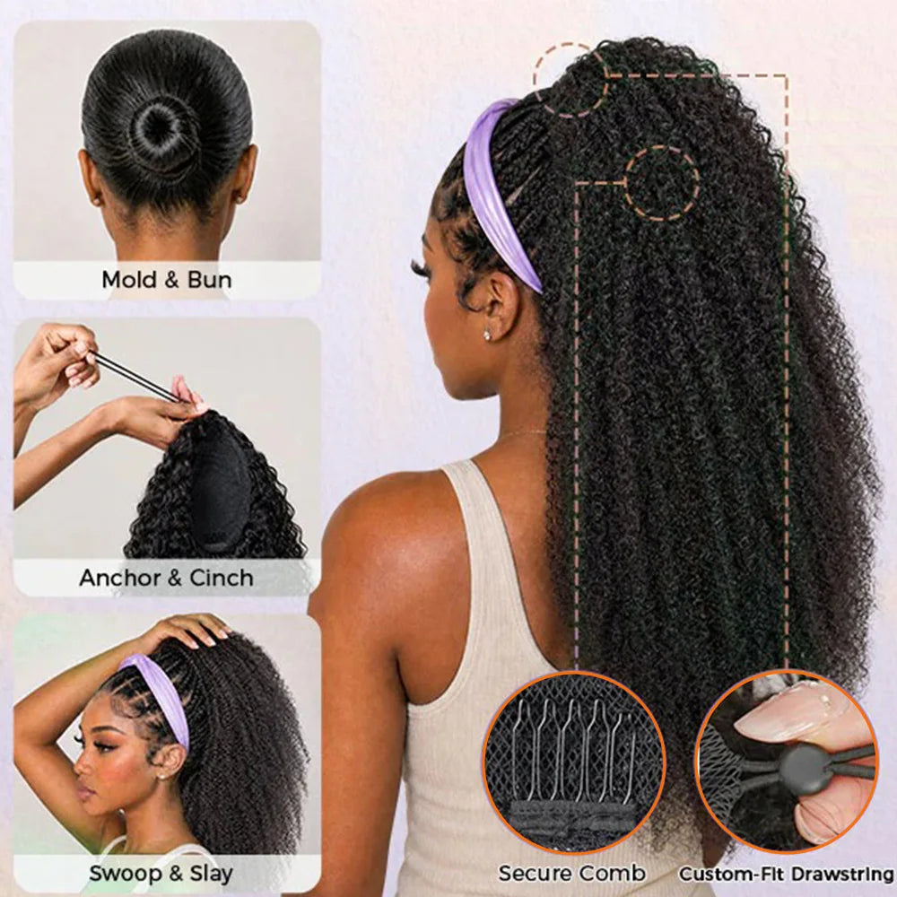 Afro kinky curly drawstring ponytail, 100% human hair clip-in extension in 4B4C texture, 14–26 inches