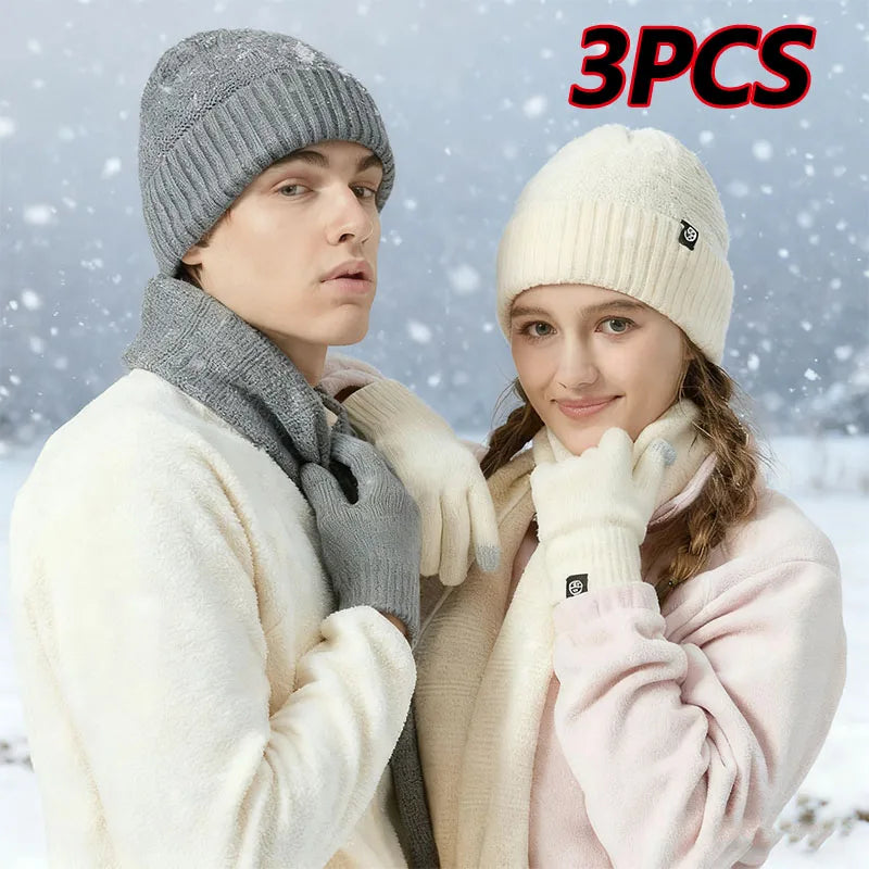 Unisex soft cashmere knit winter hat, gloves, and scarf set in a coordinated cold-weather style