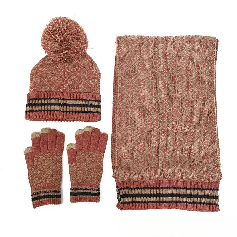 Warm knit hat, gloves, and scarf set for winter outdoor wear by HSF Marketplace