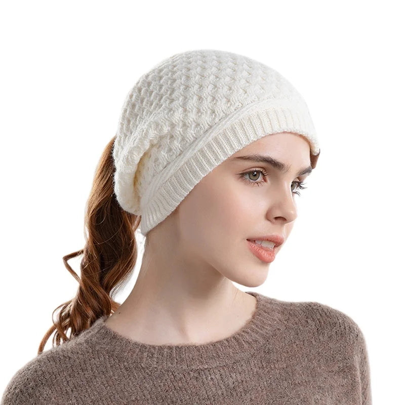 Women's HSF Marketplace fleece-lined beanie with ponytail hole and ear flaps, slouchy winter hat
