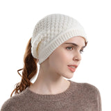 Women's HSF Marketplace fleece-lined beanie with ponytail hole and ear flaps, slouchy winter hat