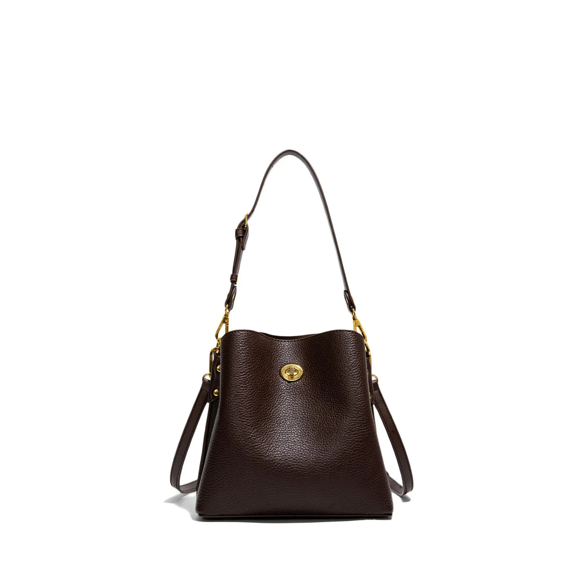 Elegant burgundy PU leather women's handbag with large capacity, bucket style, shoulder strap, and stylish design.