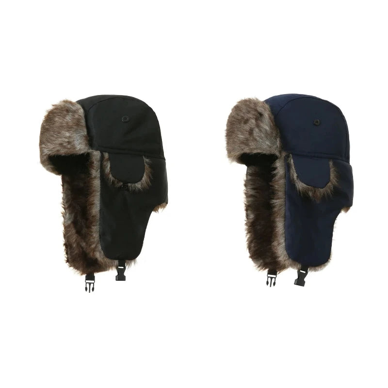 Women's faux fur trapper aviator hat with earflaps, warm Russian-style winter ski cap for men and women