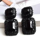 Vintage Costume Jewelry Party Accessories Gunblack Chunky Gray Black Crystal Rhinestone Square Statement Earrings for Women