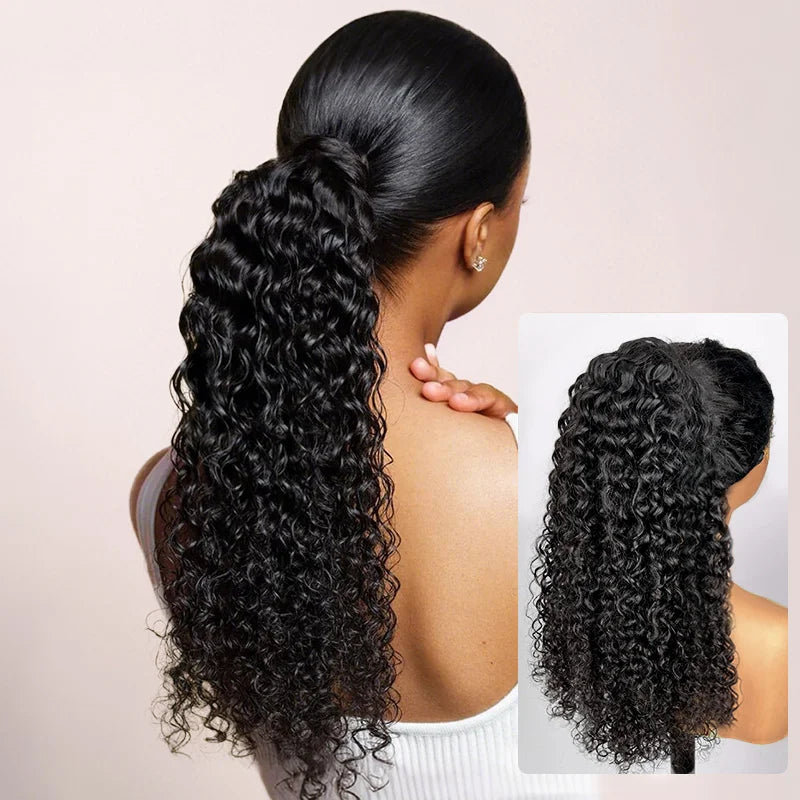 Deep wave curly ponytail made with 100% Remy human hair, featuring a drawstring design for Black women