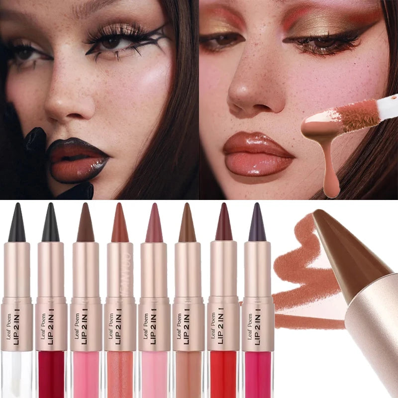 Dark plum pink lip makeup set with matte lip liner, plumping lip glaze, and mirror for waterproof lip contouring and non-stick application.
