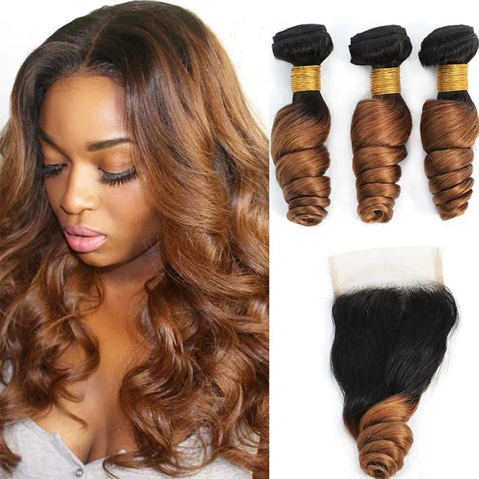 DreamDiana 10A Loose Wave Bundles with Closure Wet and Wavy Brazilian Ocean Wave 100% Human Hair 3 Bundles with 4x4 Lace Closure