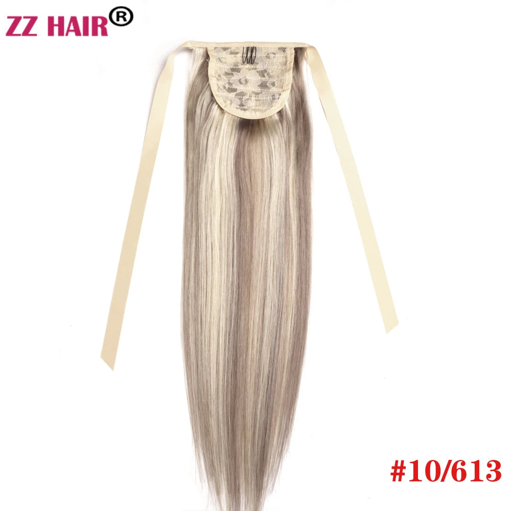 ZZHAIR Brazilian Remy human hair ribbon ponytail, 16–20 inch natural straight horsetail clip-in extension