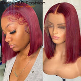 Rebecca black bob wig by HSF Marketplace featuring Peruvian straight human hair with reddish brown color and T lace part.
