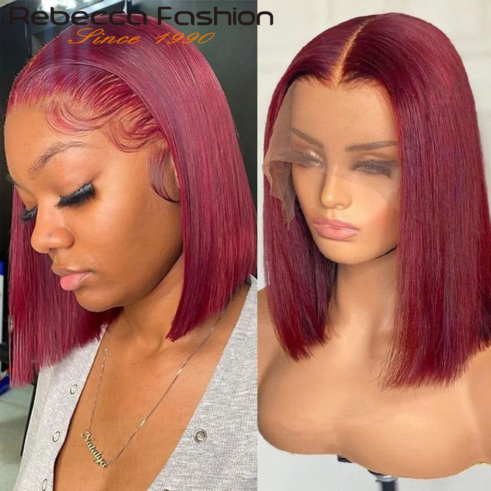 Rebecca black bob wig by HSF Marketplace featuring Peruvian straight human hair with reddish brown color and T lace part.