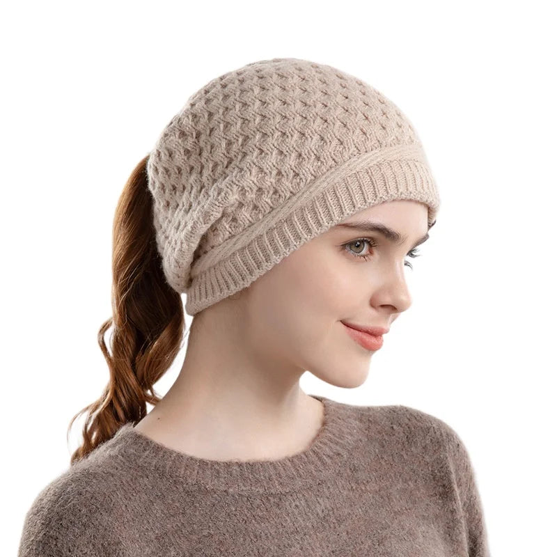 Women's HSF Marketplace fleece-lined beanie with ponytail hole, ear flaps, and slouchy winter design