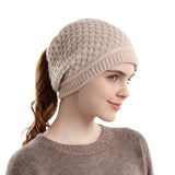 Women's HSF Marketplace fleece-lined beanie with ponytail hole, ear flaps, and slouchy winter design