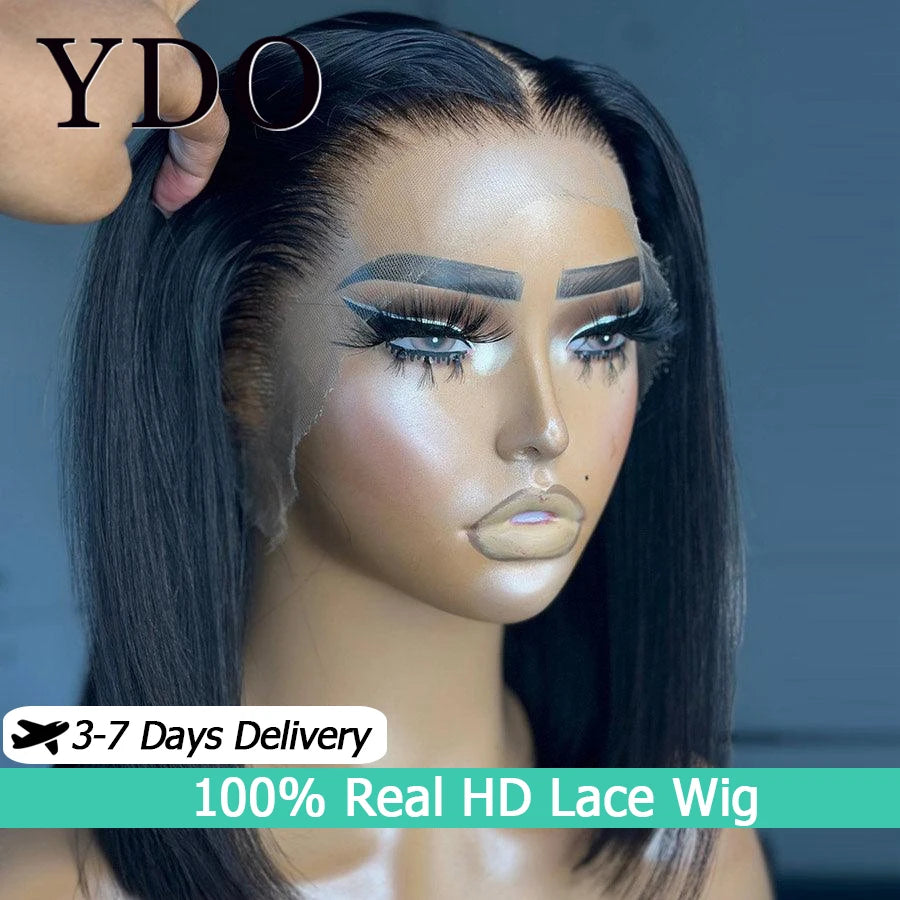250% glueless straight bob human hair wig with HD lace frontal and lace closure options for women