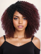 Short kinky curly Brazilian Remy human hair bob wig with highlights, bangs, and 200% density