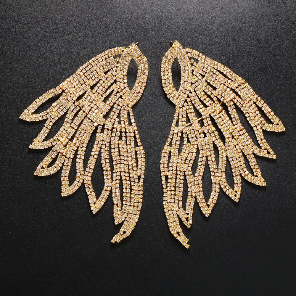 Oversized rhinestone wing drop earrings by HSF Marketplace for women, featuring sparkling silver-tone wing designs