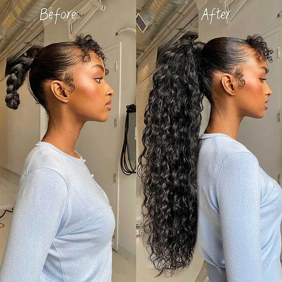 Peruvian water wave clip-in ponytail extension, 12–26 inch Remy human hair wrap-around ponytail