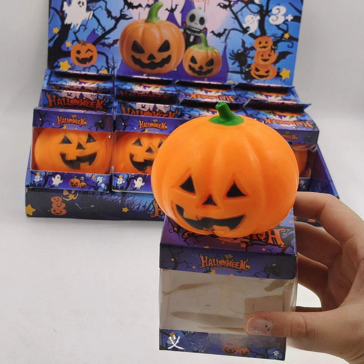 Pumpkin head squishy toy by HSF Marketplace for sensory stress relief and Halloween gifting