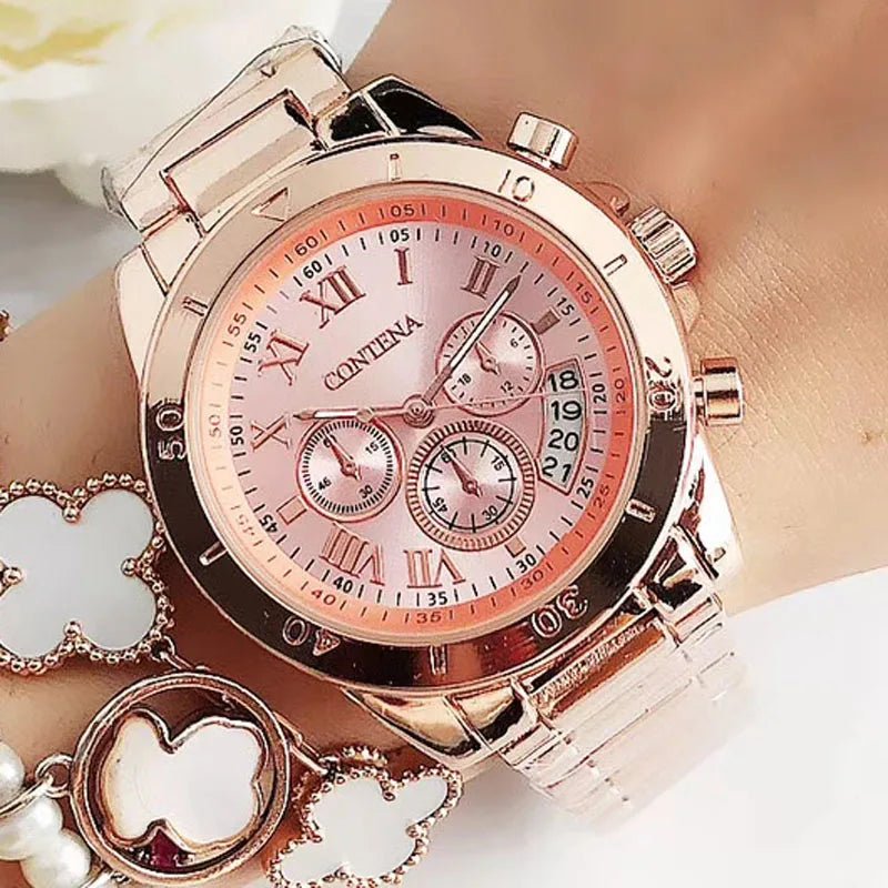 Contena Brand Luxury Women's Watch Fashion Rhinestones Stainless Steel Quartz Watch Simple Elegant Ladies Watch Reloj Mujer
