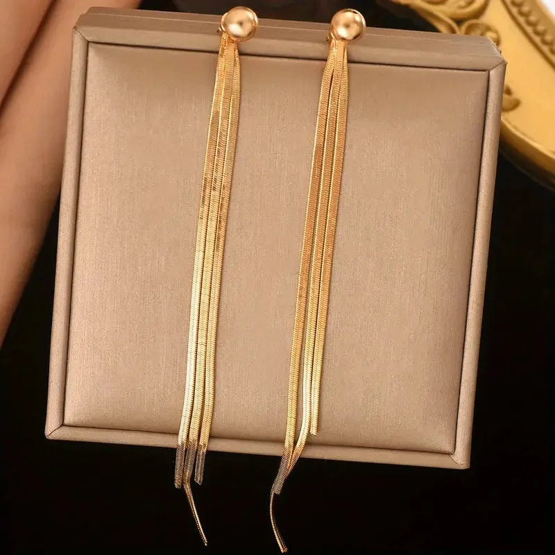 Classic metallic long tassel dangle earrings for women, simplicity drop banquet jewelry accessories