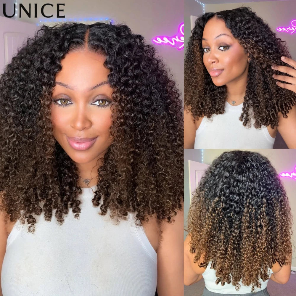 HSF Marketplace ombre brown curly human hair wig with defined finger coils and easy-wear style