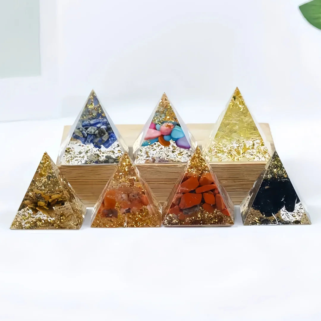1set(7pcs) Orgonite Pyramid Natural Mixed Crystal Chips Chakra Healing Stone Desk Decor Meditation Ornament Home Decoration