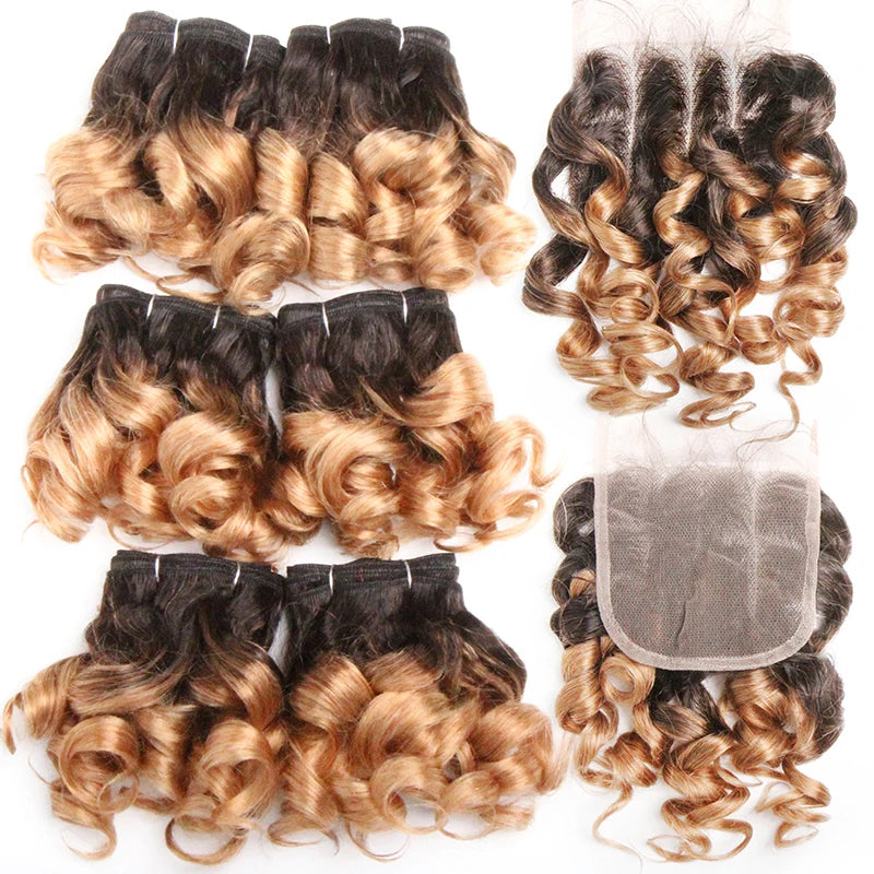 Bouncy Curly Human Hair Bundles With Closure Brazilian Remy Unprocessed Human Hair Wavy Doule Drawn Bundles Weave Extensions