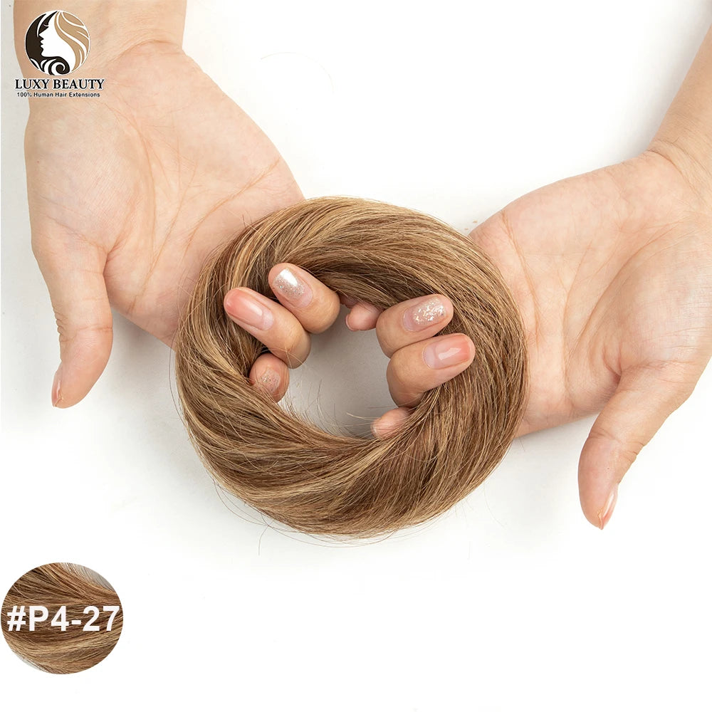 Brazilian human hair bun ponytail hairpiece with scrunchie for women’s updos and chignon styles