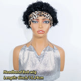 Short tight kinky curly jet black human hair wig with leopard print twist headband, full machine-made style