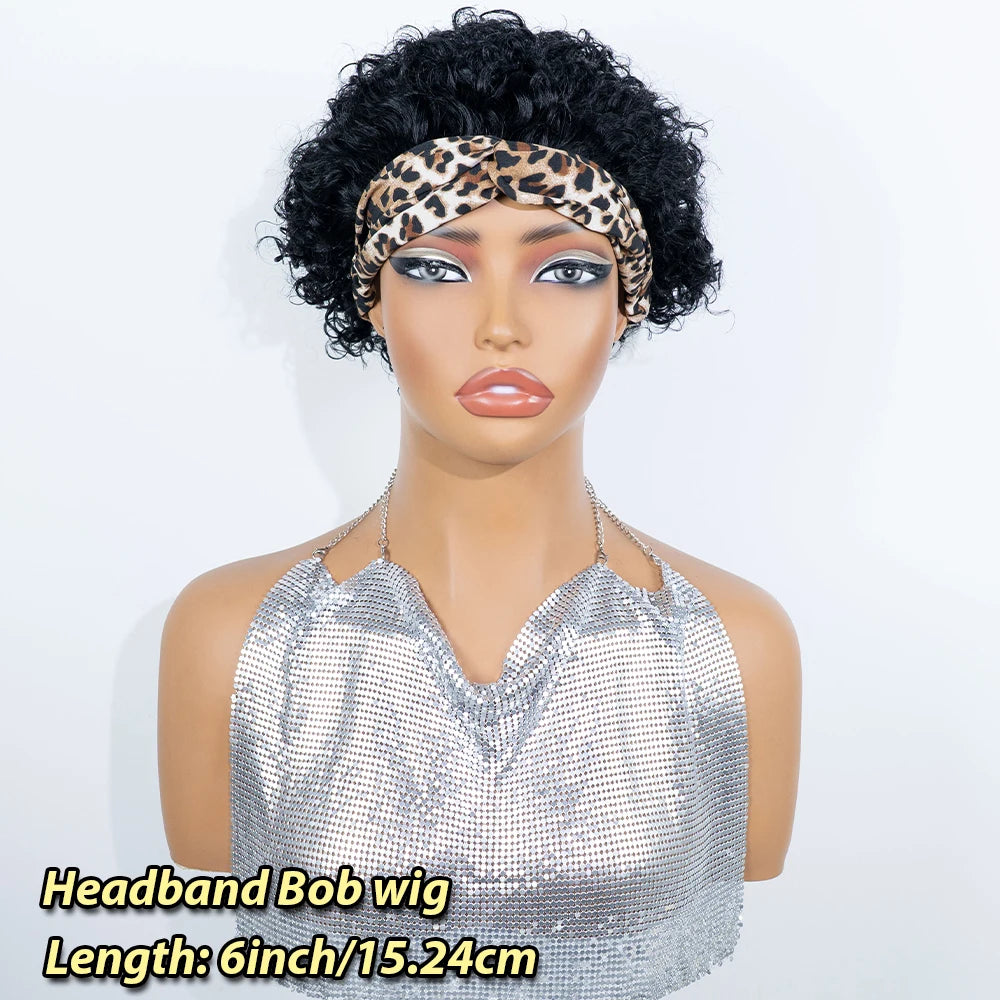 Short tight kinky curly jet black human hair wig with leopard print twist headband, full machine-made style