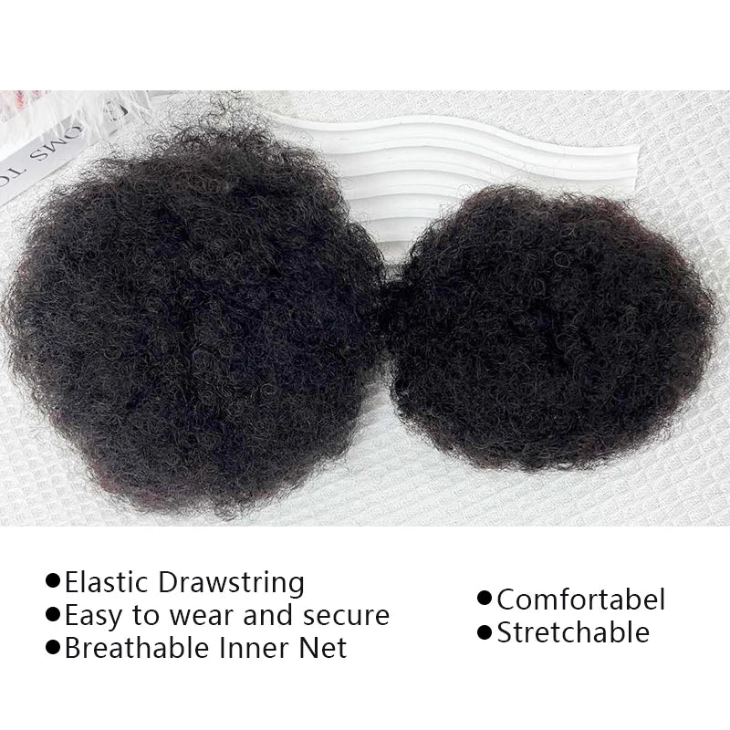 Short curly Afro puff drawstring ponytail hairpiece in human hair, HSF Marketplace, 4–8 inch updo bun for Black women