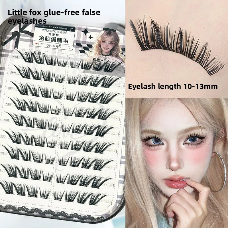 No Glue Self-Adhesive False Eyelashes - Dramatic Volume Natural Wispy Winged Fox Eye Manga Style Fluffy Cat Eye Lashes 7-12mm